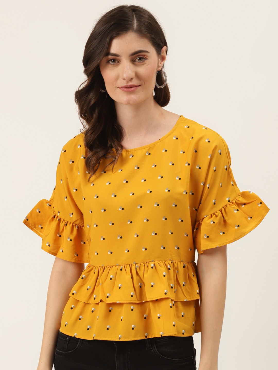

DIVA WALK EXCLUSIVE Mustard Yellow & Black Geometric Printed Bell Sleeves A-Line Top