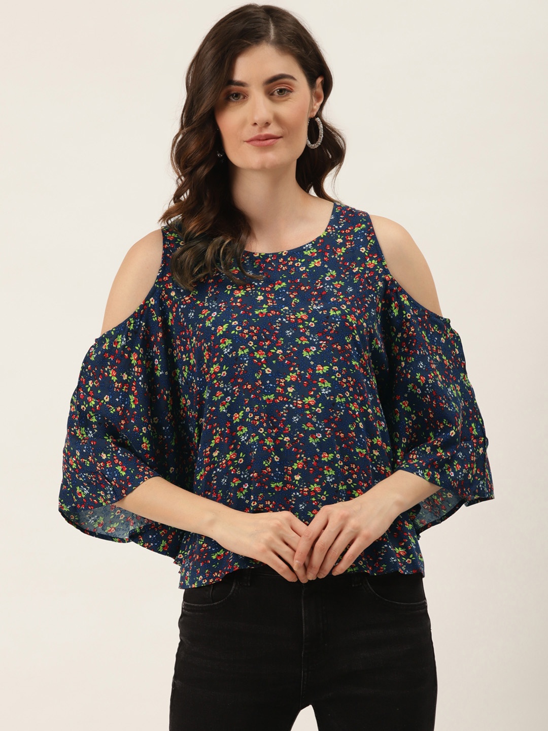 

DIVA WALK EXCLUSIVE Navy Blue & Red Floral Print Cold-Shoulder Sleeves Regular Top