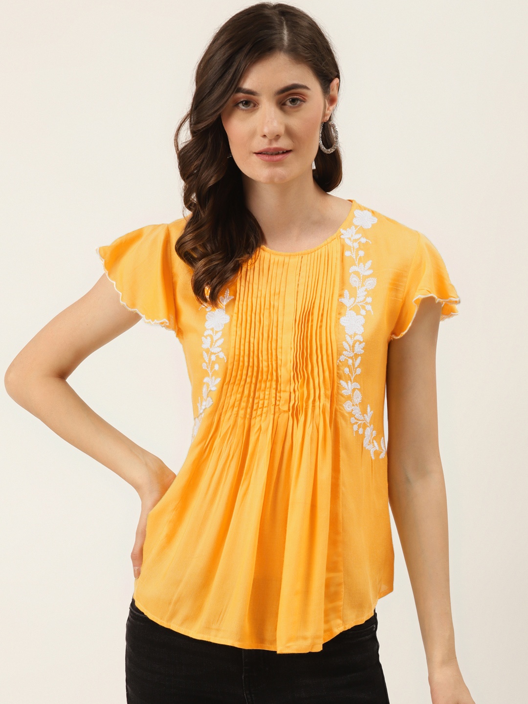 

DIVA WALK EXCLUSIVE Yellow Liva Floral Flared Sleeves Regular Top
