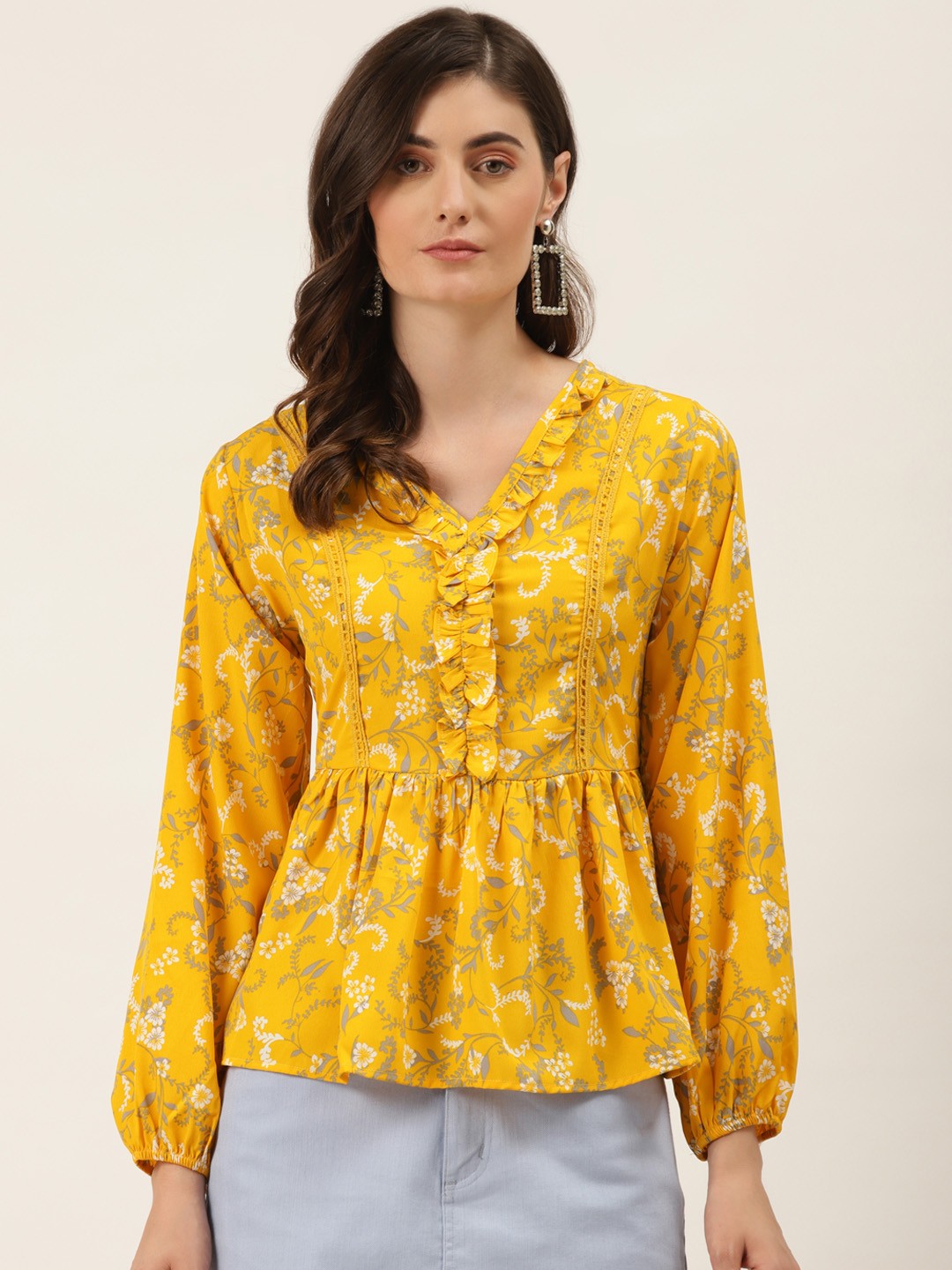 

DIVA WALK EXCLUSIVE Mustard Yellow & Grey Floral Printed A-Line Top