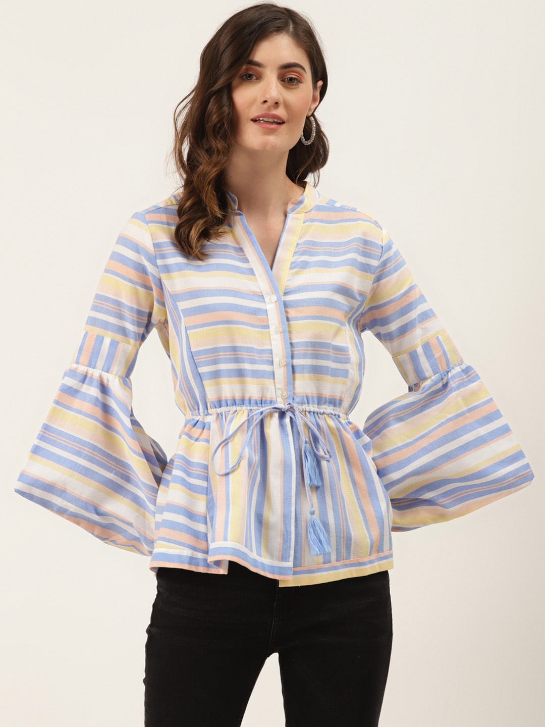 

DIVA WALK EXCLUSIVE Blue & Off White Striped Mandarin Collar Pure Cotton Top A-Line