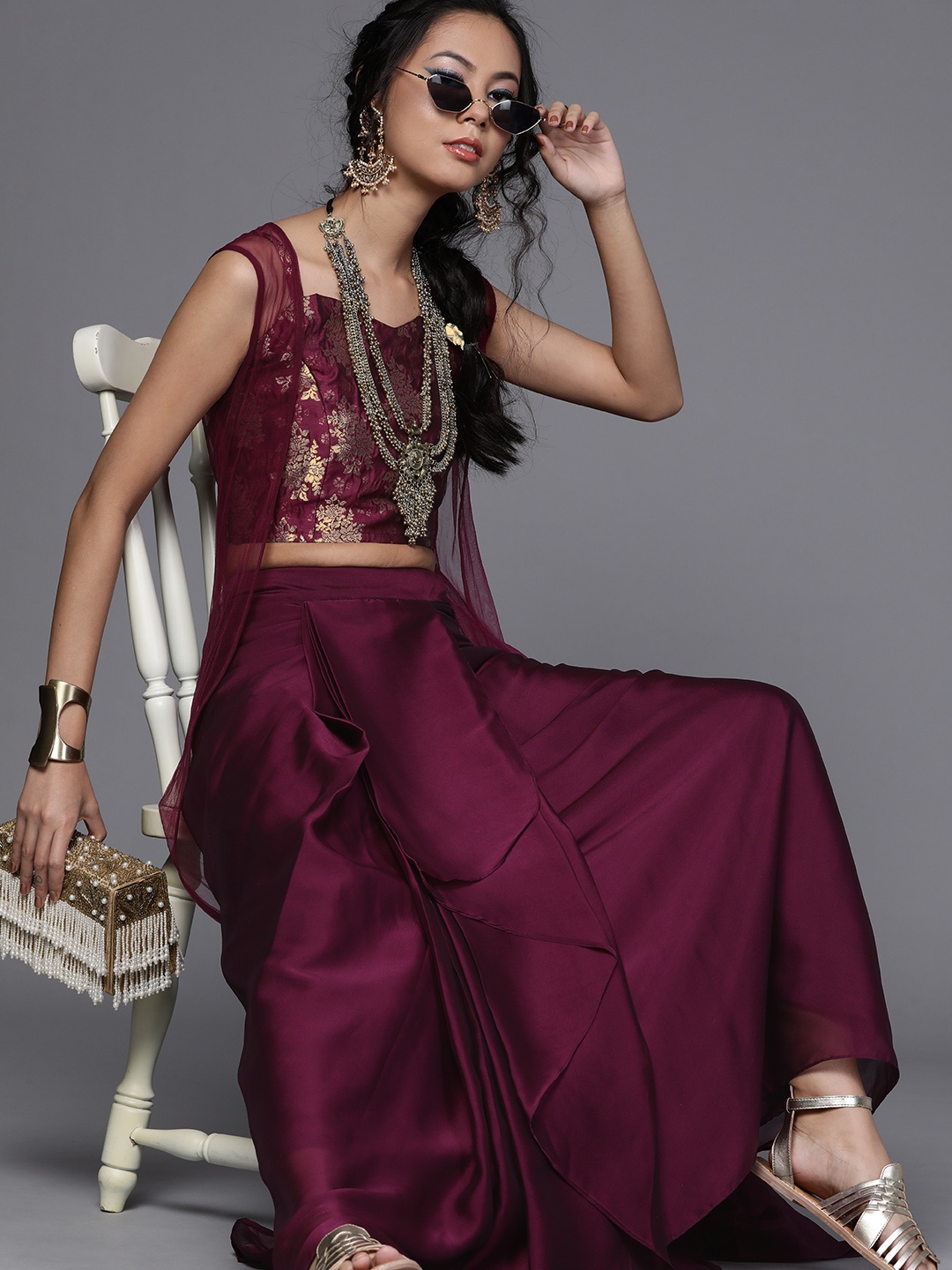 

Inddus Women Burgundy Self Design Top with Skirt