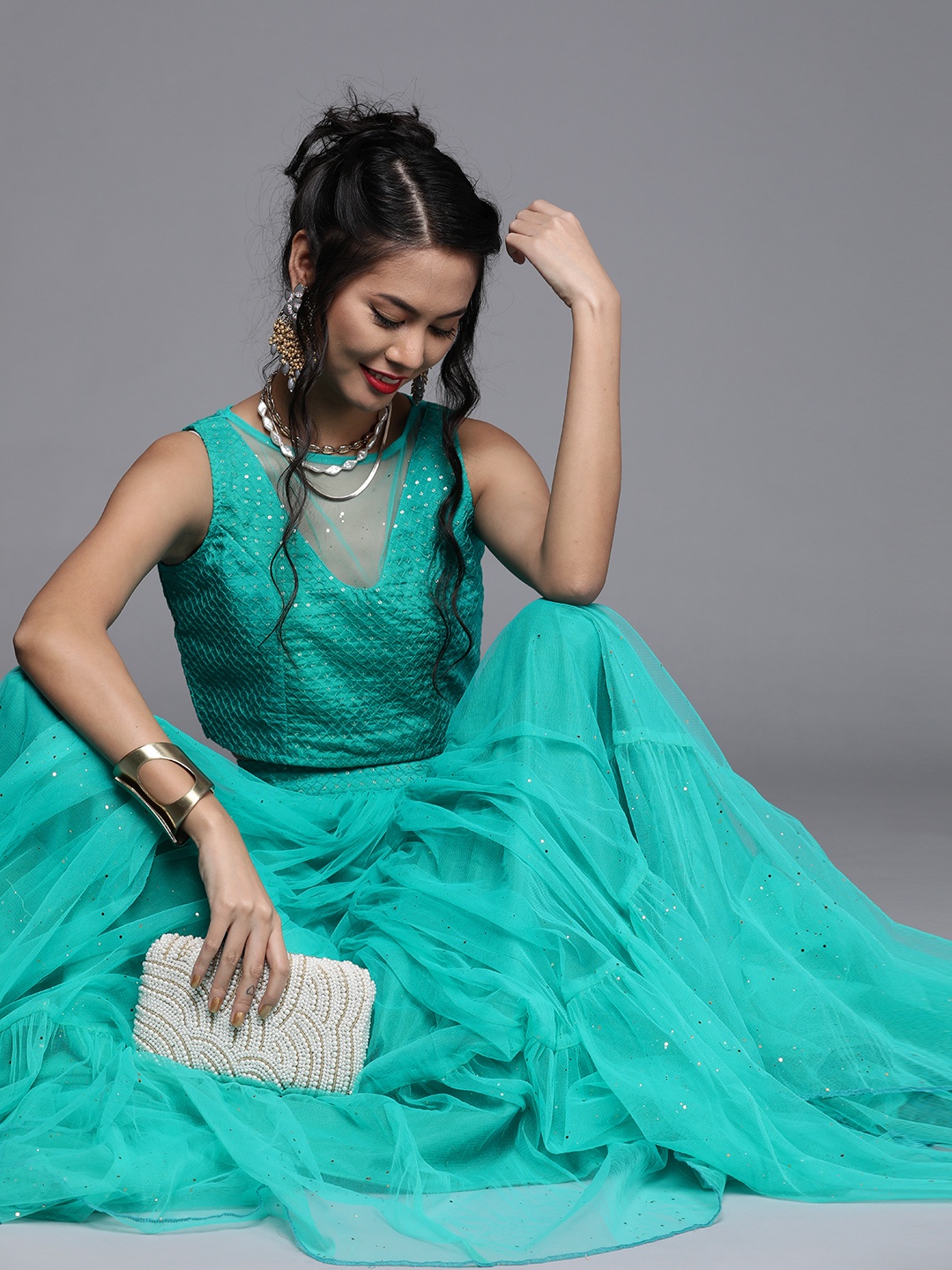 

Inddus Women Blue Embellished Top with Skirt