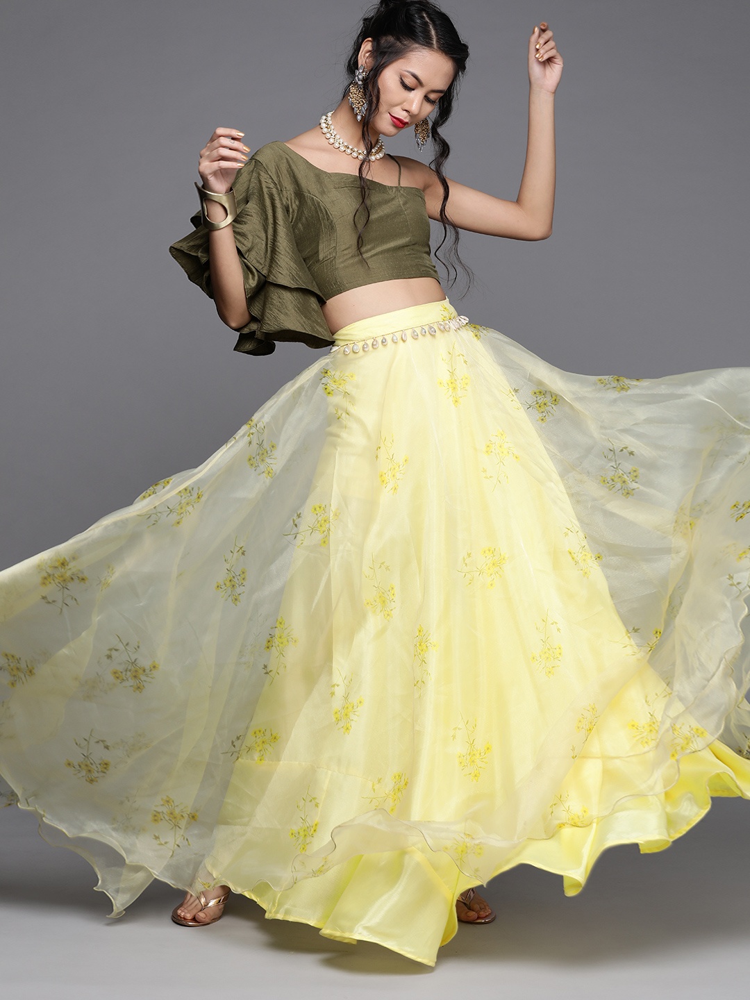 

Inddus Women Olive Green & Yellow Solid Top with Skirt