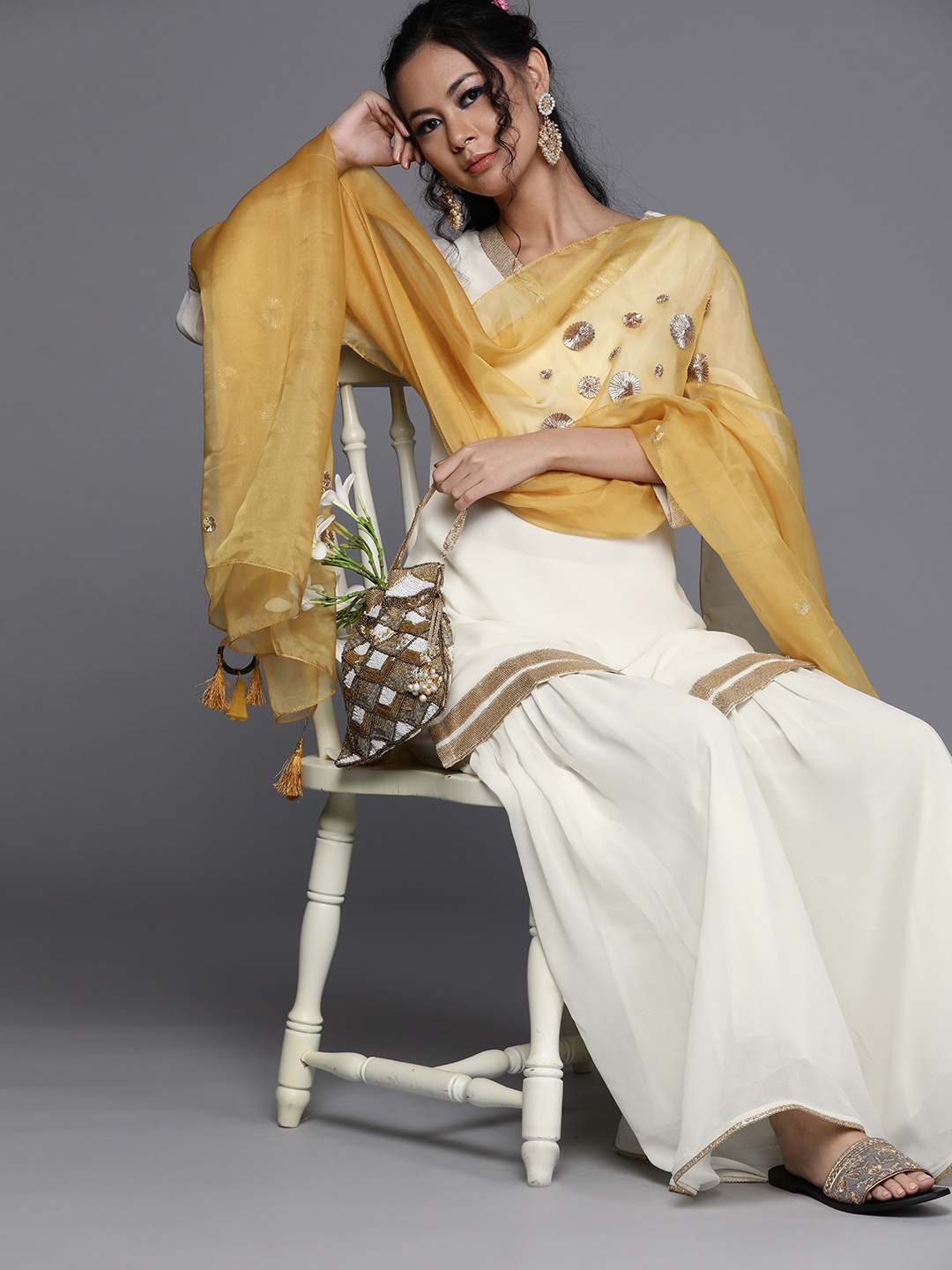 

Inddus Women Off-White & Mustard Yellow Embroidered Kurta with Sharara & Dupatta