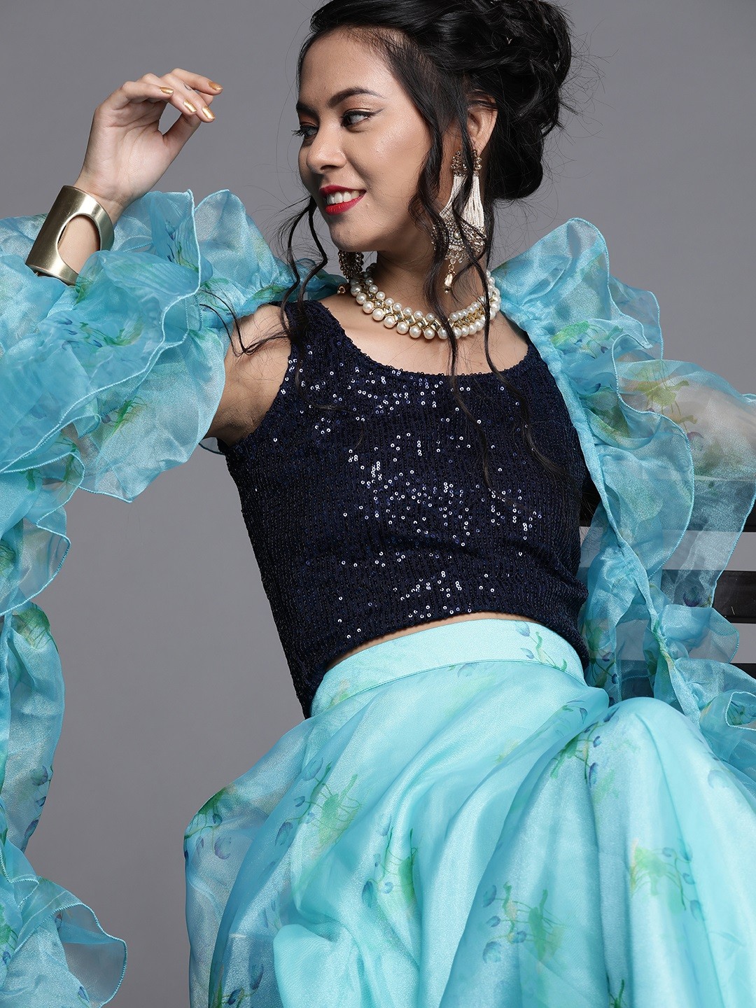 

Inddus Blue & Green Printed Ready to Wear Lehenga & Blouse with Dupatta
