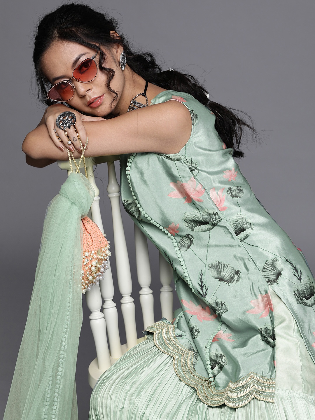 

Inddus Women Mint Green & Pink Romantic Floral Print Kurta with Sharara & Dupatta