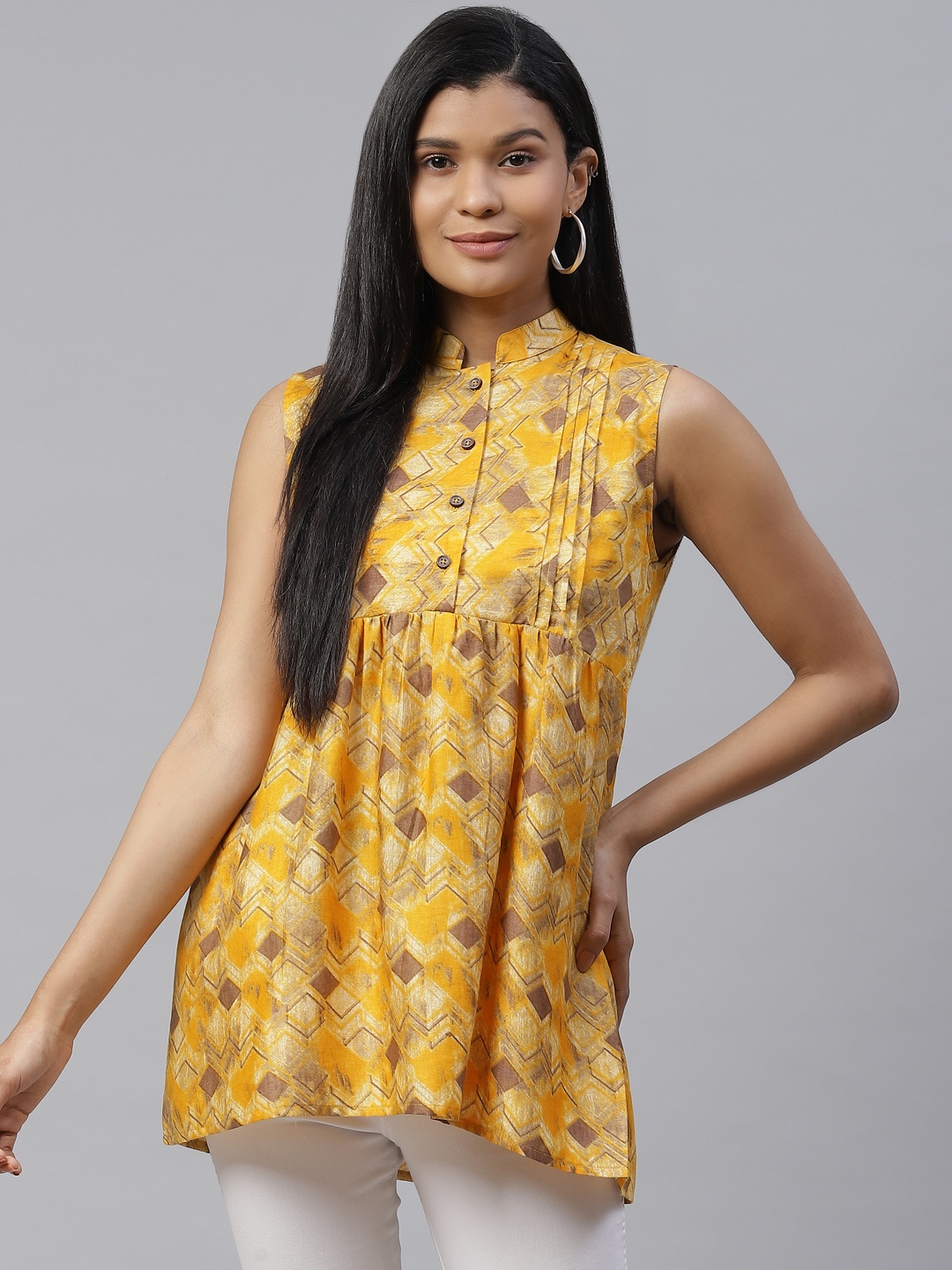 

Cottinfab Women Mustard Yellow & Brown Geometric Print Mandarin Collar Cotton A-Line Top
