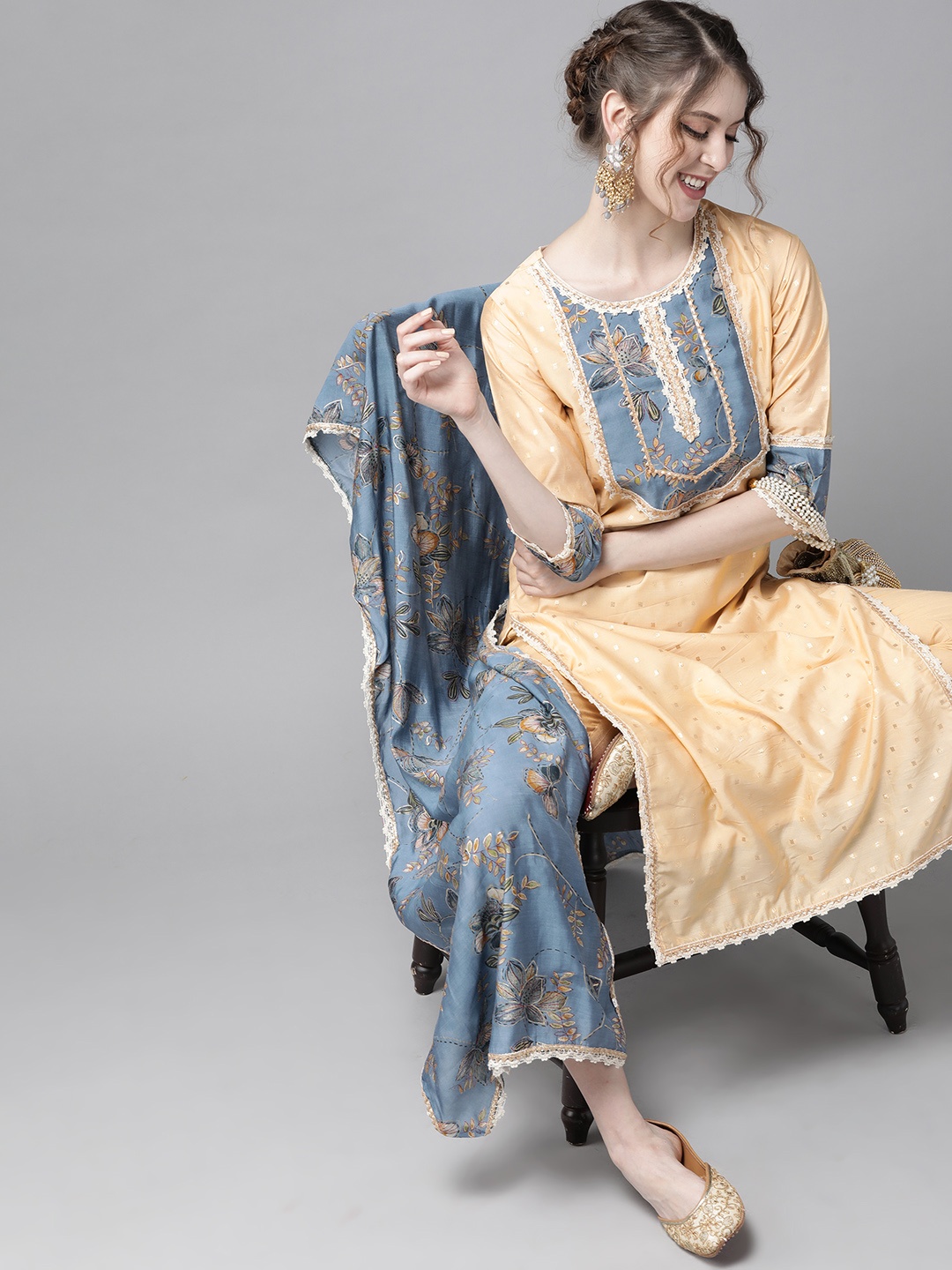 

Ishin Women Beige & Blue Yoke Design Kurta with Trousers & Dupatta
