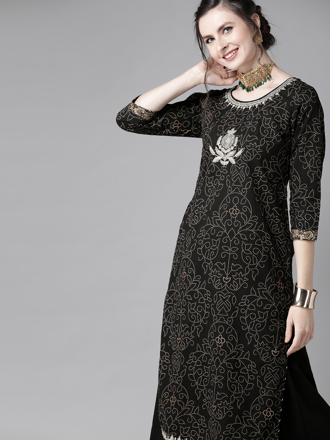 

Ishin Women Black & Beige Embroidered Pure Cotton Kurta with Sharara