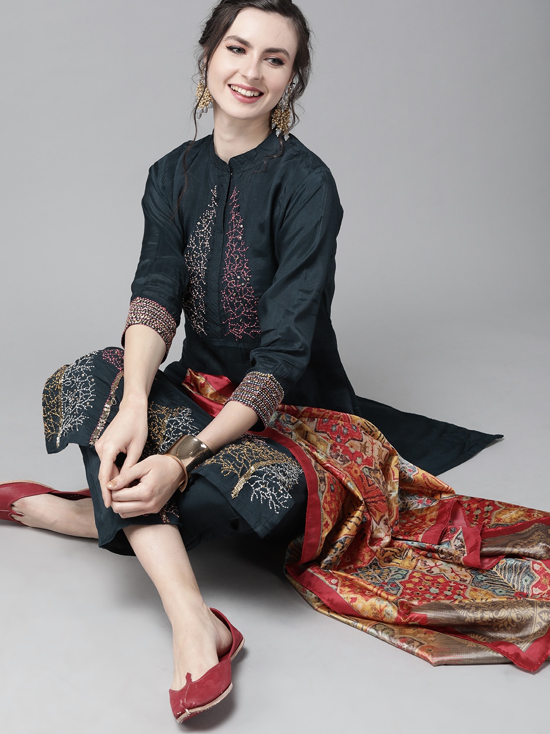 

Ishin Women Teal Blue & Red Embroidered Kurta with Trousers & Dupatta