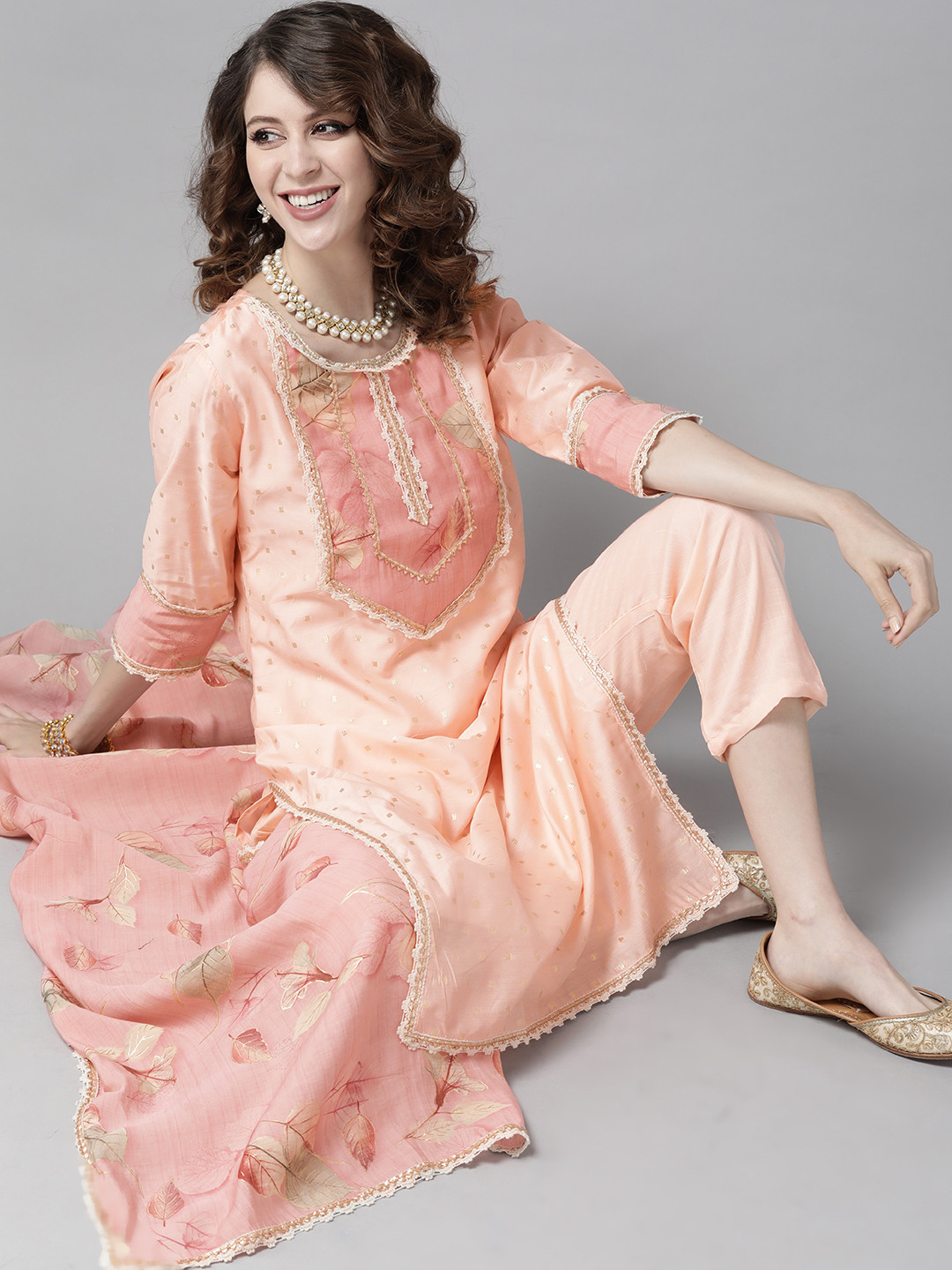 

Ishin Women Peach-Coloured & Golden Woven Design Kurta with Trousers & Dupatta