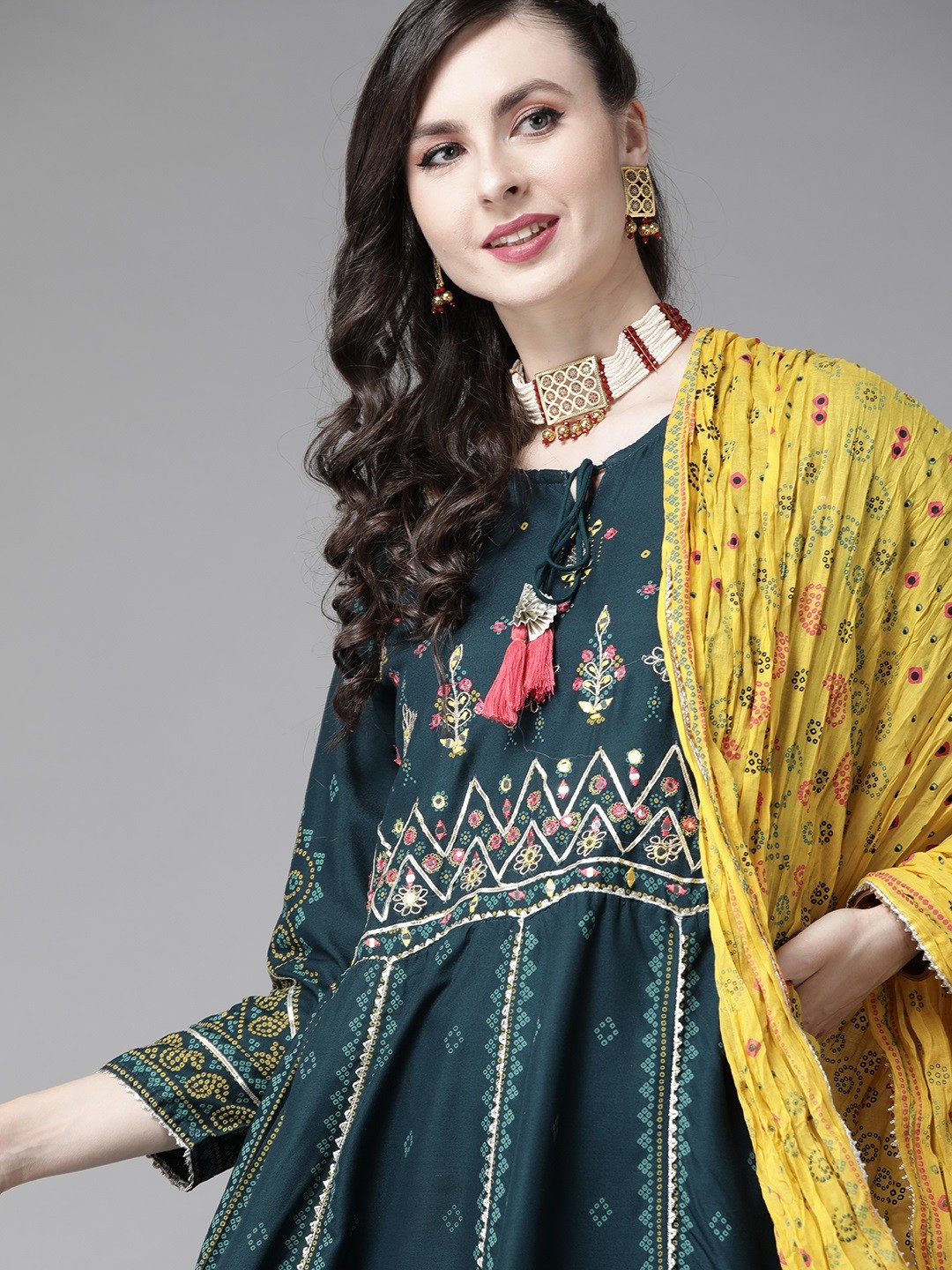 

Ishin Women Teal Blue & Yellow Embroidered Kurta with Trousers & Dupatta