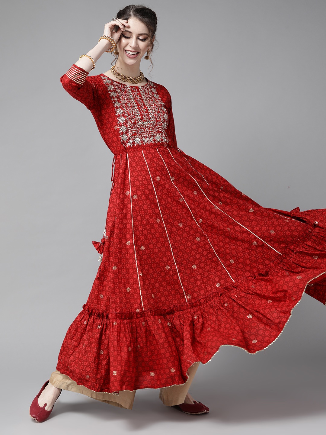 

Ishin Women Maroon & Silver Bandhani Printed Frills Bows & Ruffles Cotton Anarkali Kurta