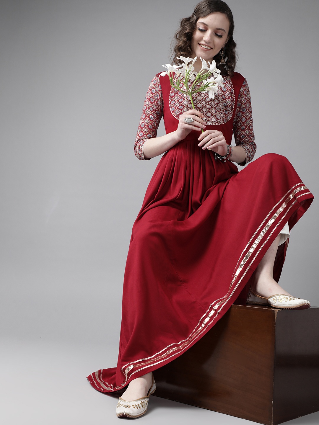 

Ishin Women Maroon Ethnic Motifs Yoke Design Anarkali Kurta