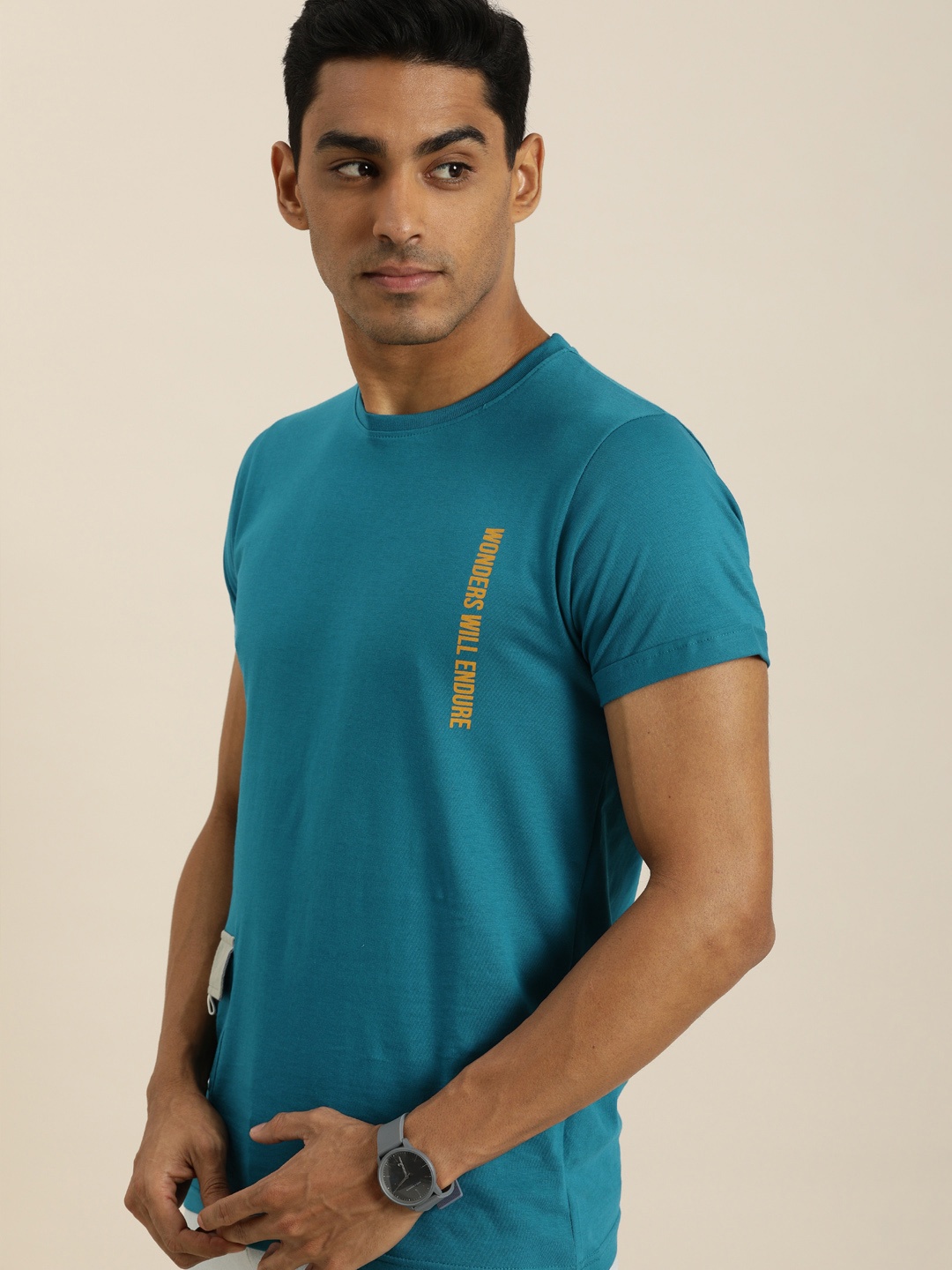 

Difference of Opinion Men Blue Printed Roll-Up Sleeves Pure Cotton T-shirt