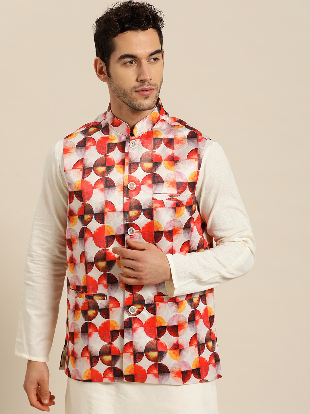 

SOJANYA Men Off-White & Orange Printed Nehru Jacket