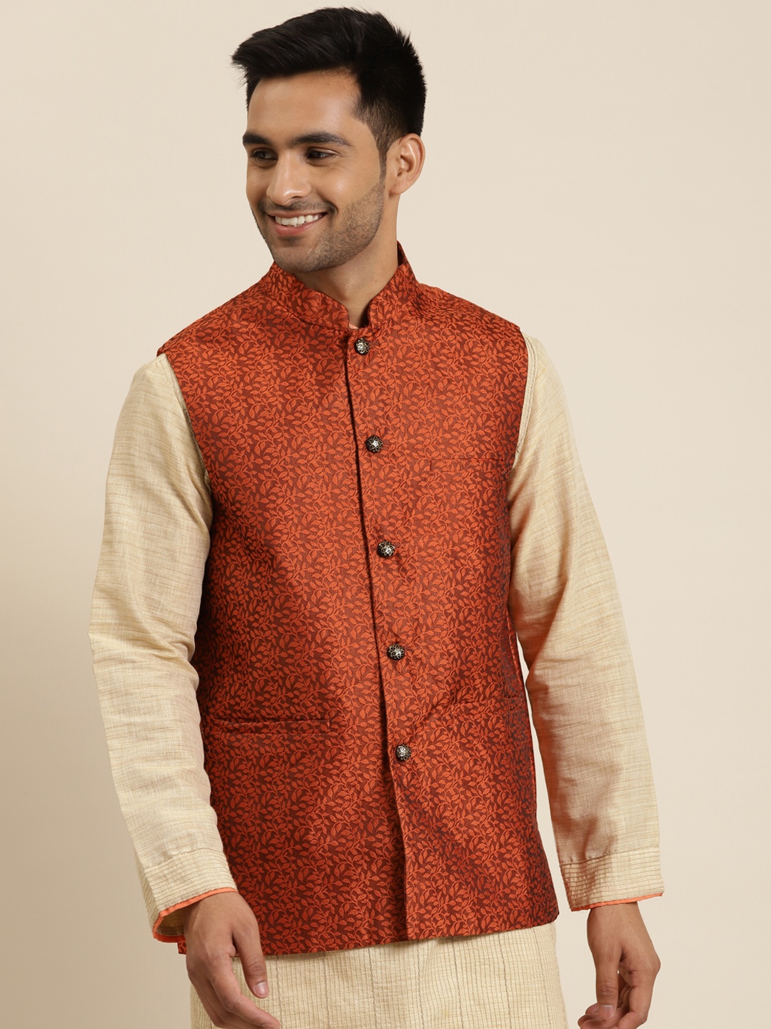 

Sojanya Men Rust Orange Embroidered Jacquard Silk Nehru Jacket