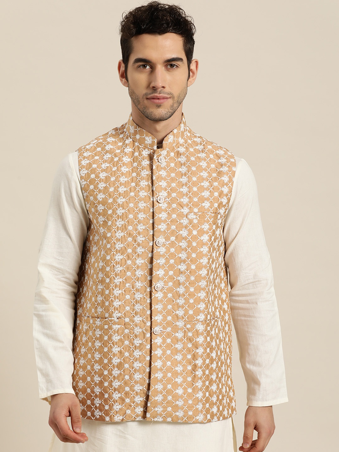 

SOJANYA Men Beige & White Embroidered Nehru Jacket