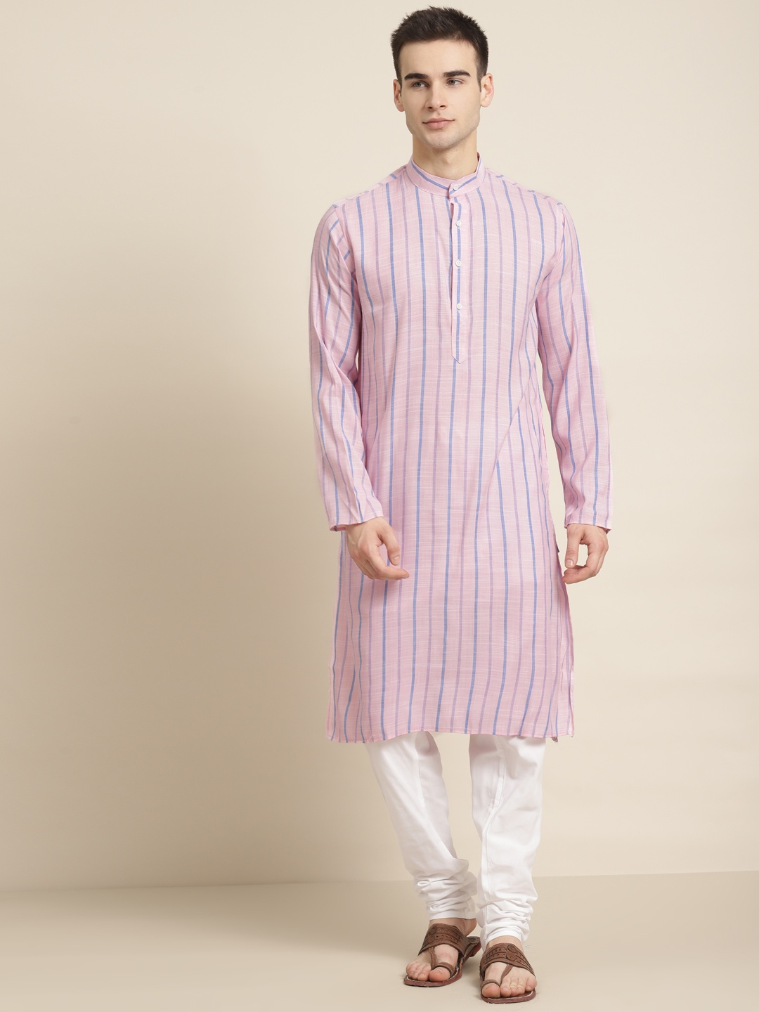 

SOJANYA Men Pink & White Striped Cotton Kurta with Churidar