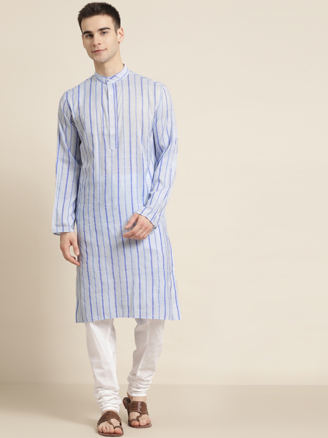 

SOJANYA Men Blue & White Striped Cotton Kurta with Churidar