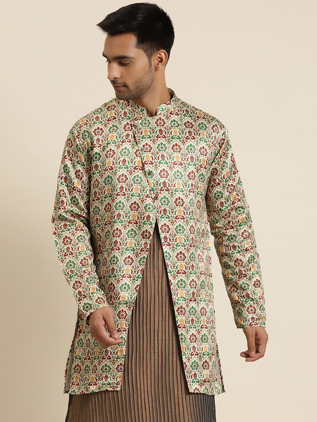 

SOJANYA Men Off-White & Green Printed Tailored Jacket