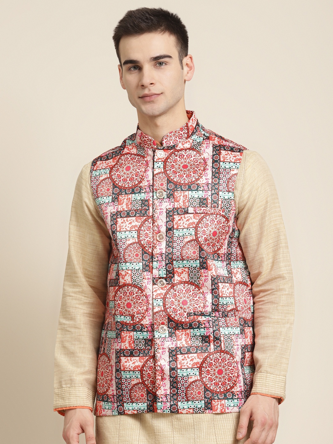 

Sojanya Men Off-White and Coral Red Ethnic Motifs Printed Nehru Jacket
