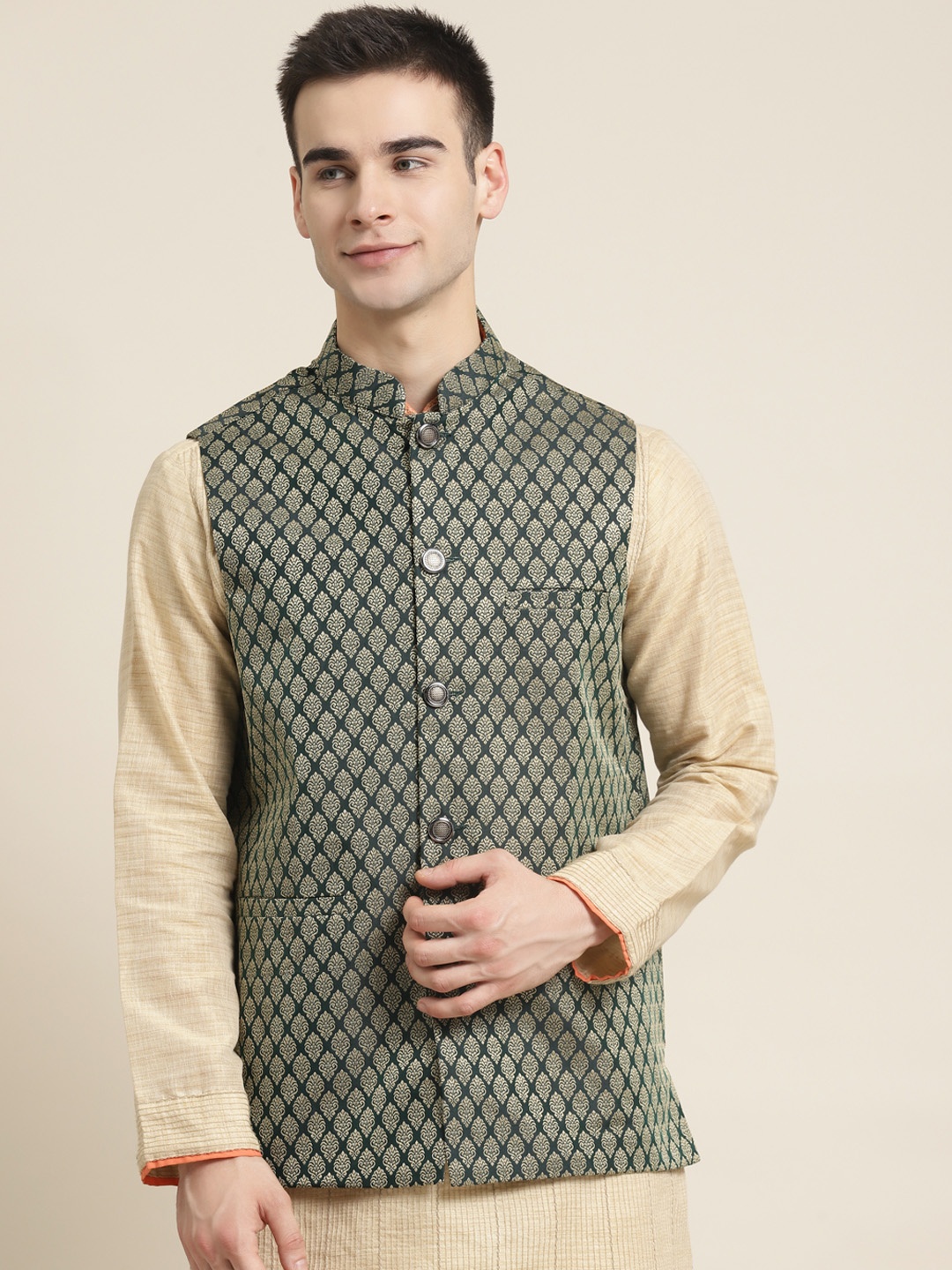 

SOJANYA Men Green & Golden Woven Design Jacquard Silk Nehru Jacket