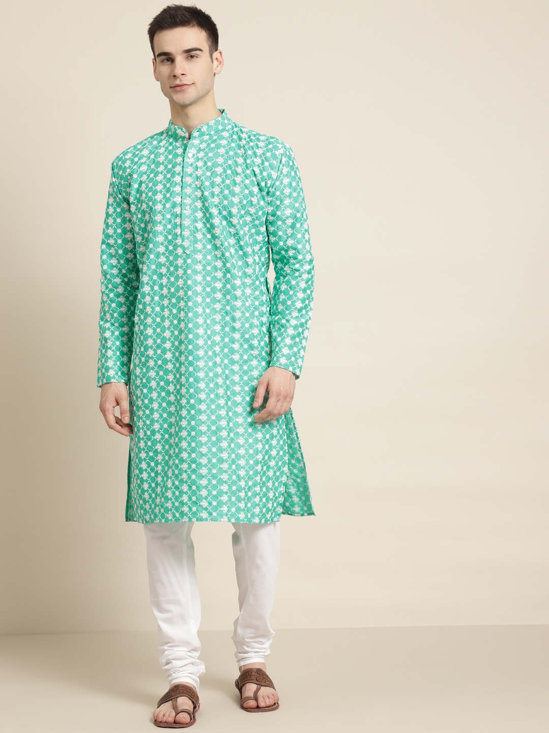 

SOJANYA Men Sea Green & White Embroidered Kurta with Churidar