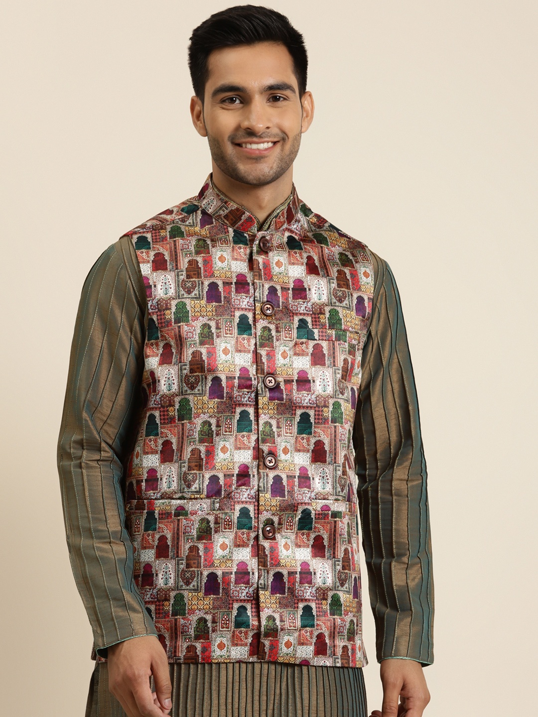 

Sojanya Men Multicoloured Printed Silk Nehru Jacket, Multi