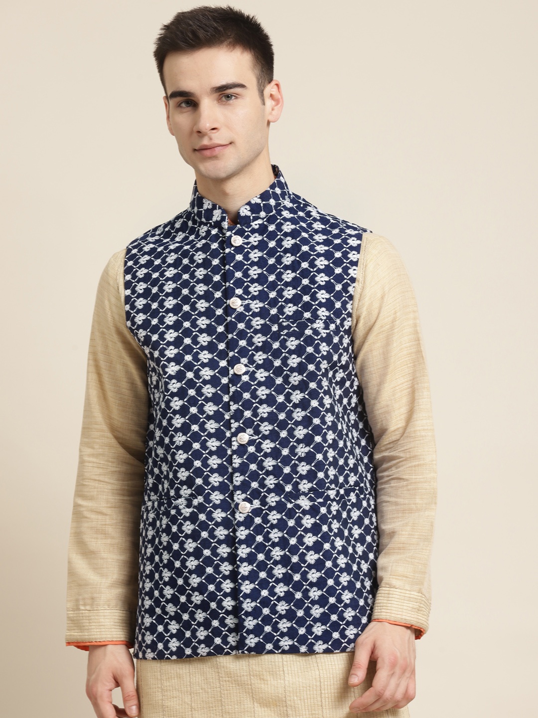 

Sojanya Men Navy Blue & White Embroidered Nehru Jacket