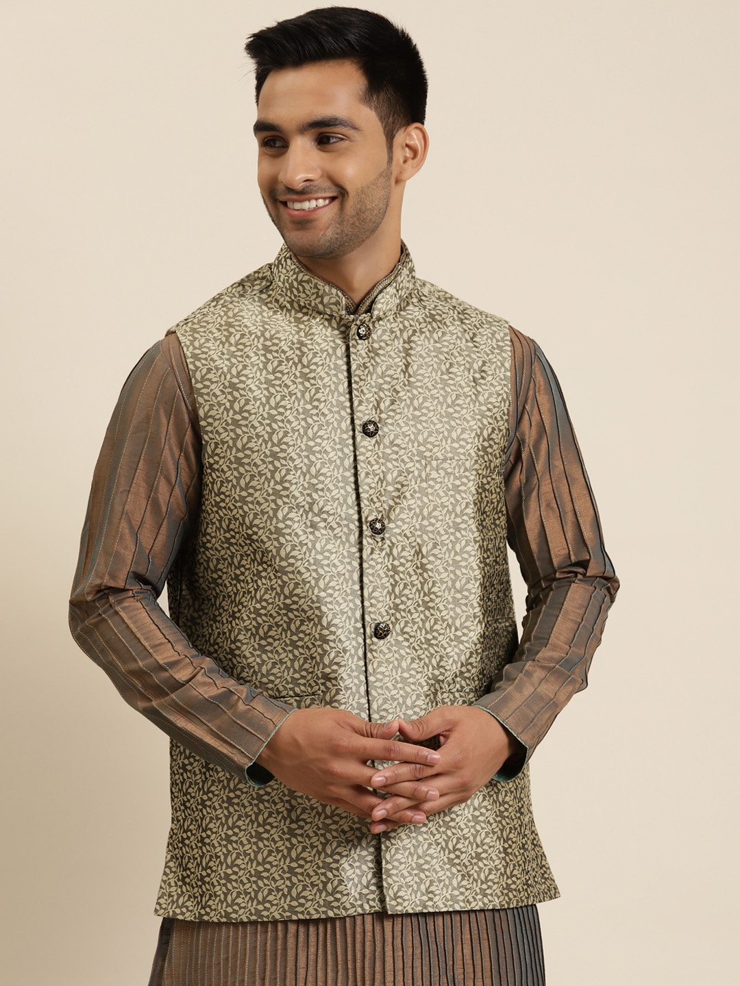 

Sojanya Men Charcoal Grey & Beige Jacquard Woven Design Nehru Jacket