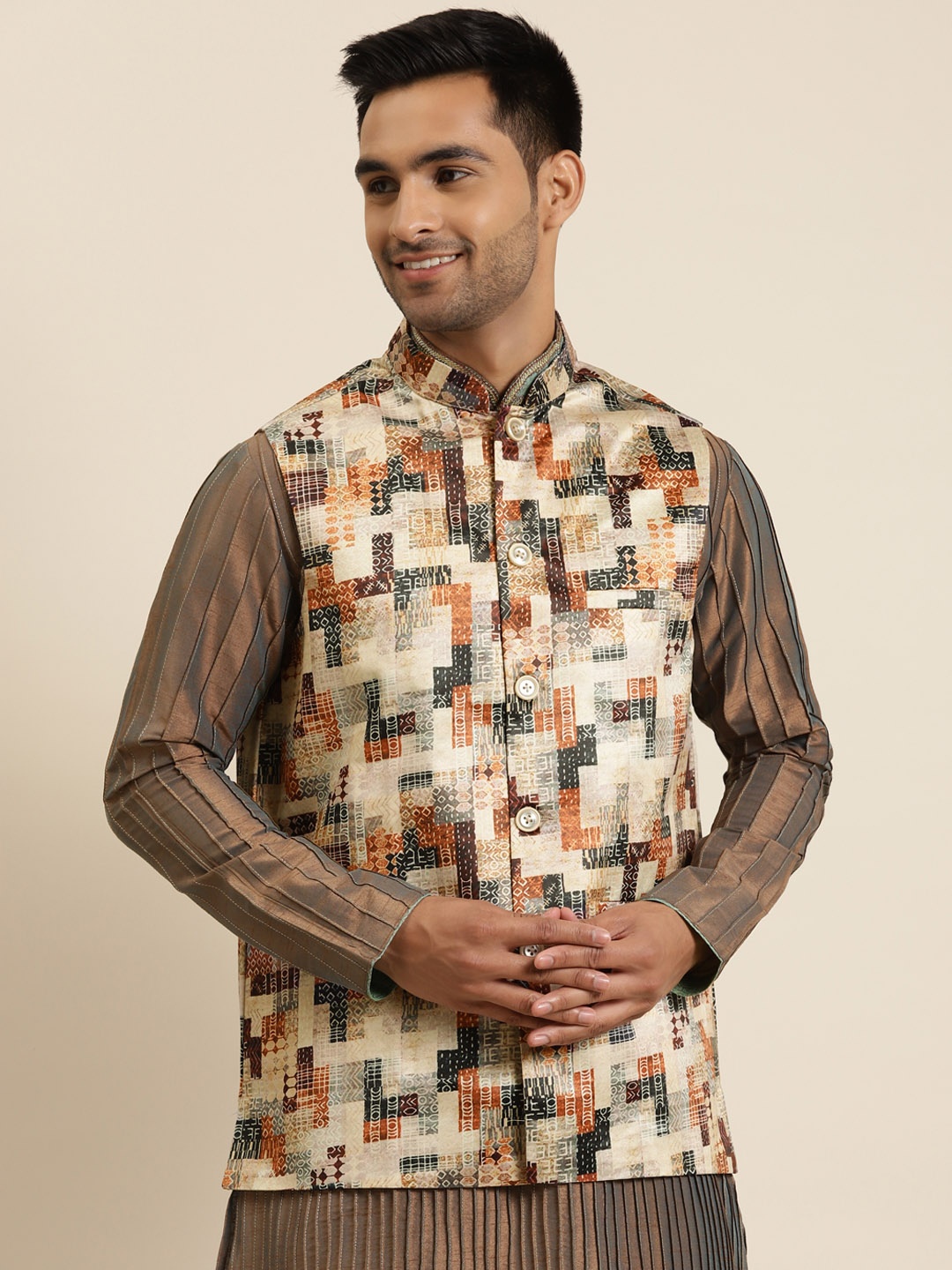 

Sojanya Men Beige & Brown Printed Nehru Jacket