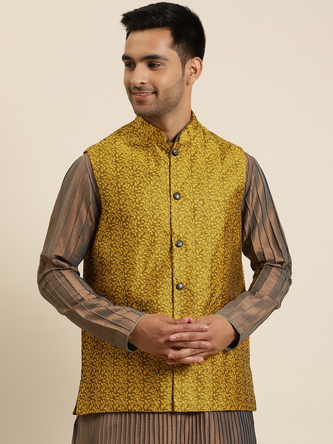 

Sojanya Men Mustard Yellow & Charcoal Black Jacquard Woven Design Nehru Jacket