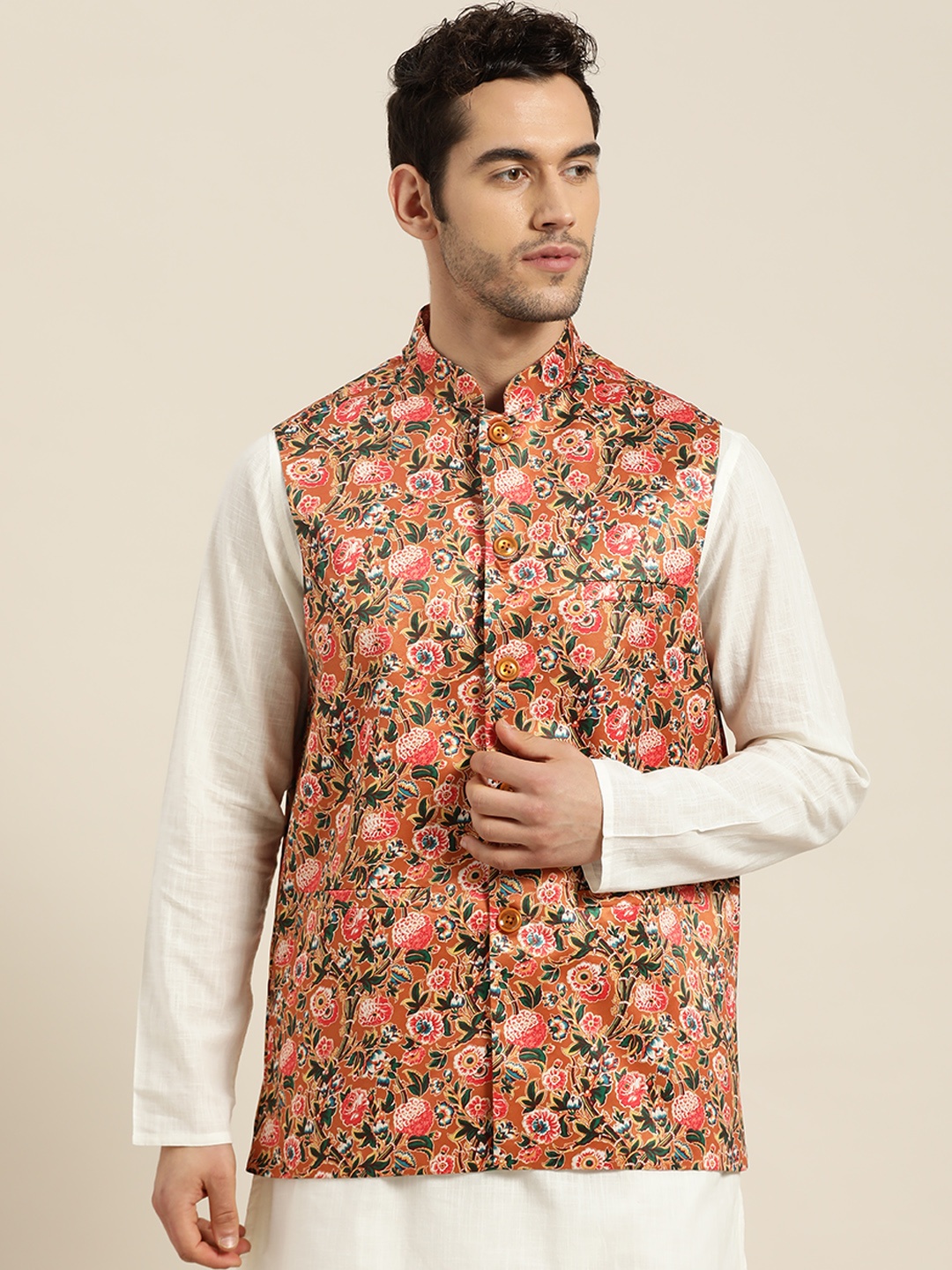 

SOJANYA Men Orange & Green Floral Print Nehru Jacket