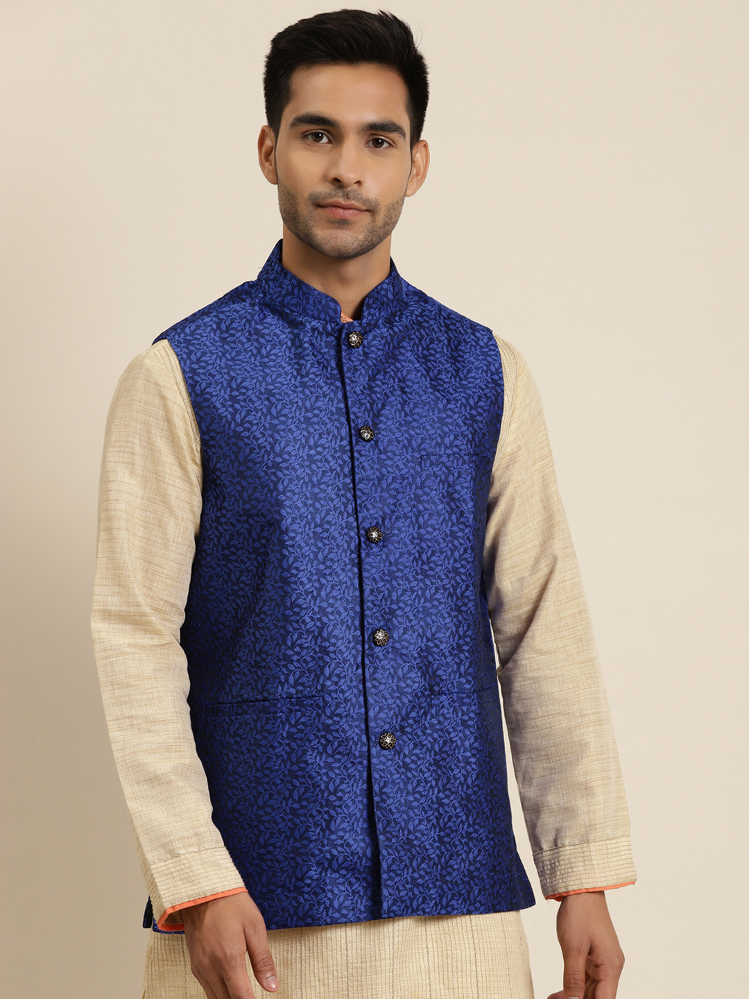 

Sojanya Men Navy Blue & Black Embroidered Jacquard Silk Nehru Jacket