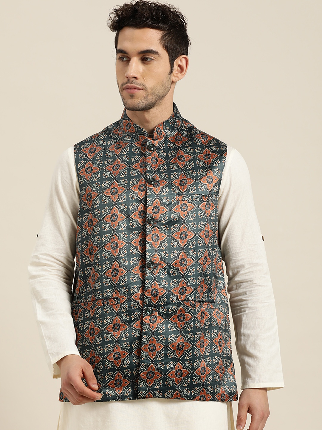 

SOJANYA Men Teal Green & Rust Orange Printed Nehru Jacket