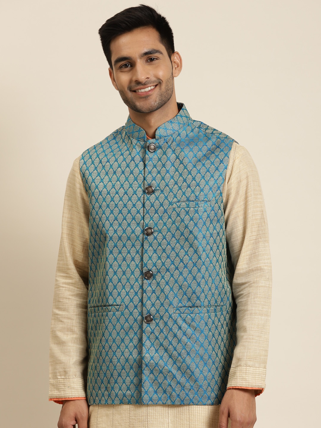 

Sojanya Men Blue and Beige Jacquard Woven Design Silk Nehru Jacket