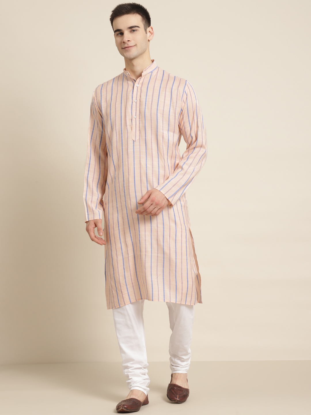 

SOJANYA Men Peach-Coloured & White Striped Cotton Kurta with Churidar