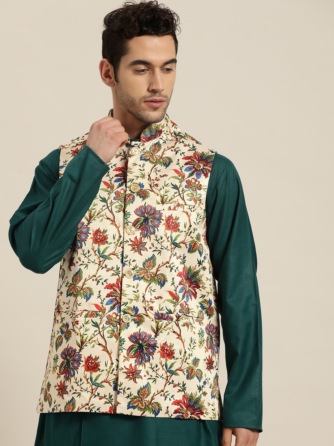 

SOJANYA Men Cream-Coloured & Red Floral Print Nehru Jacket