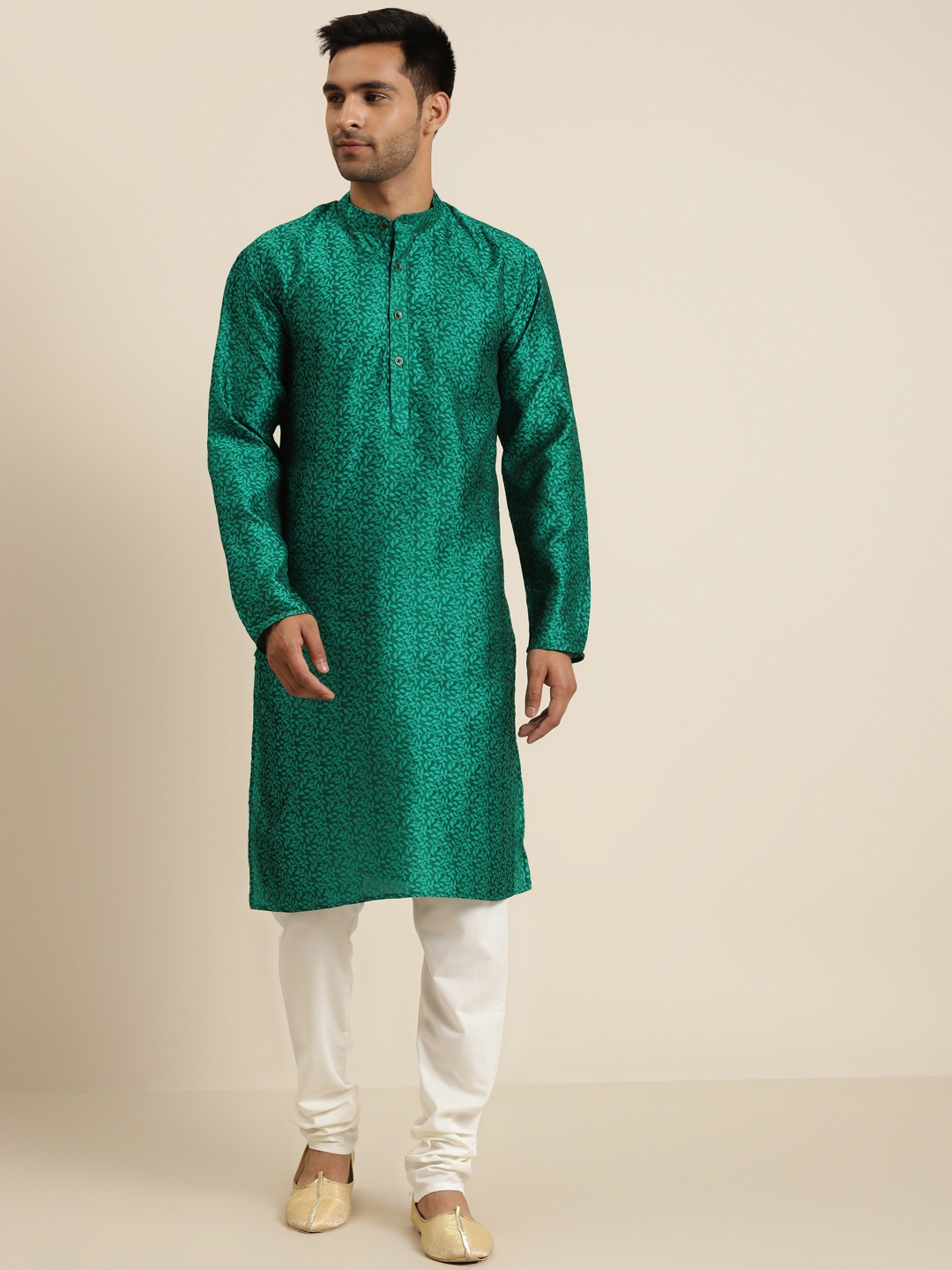 

SOJANYA Men Green & Off-White Self Design Kurta with Churidar