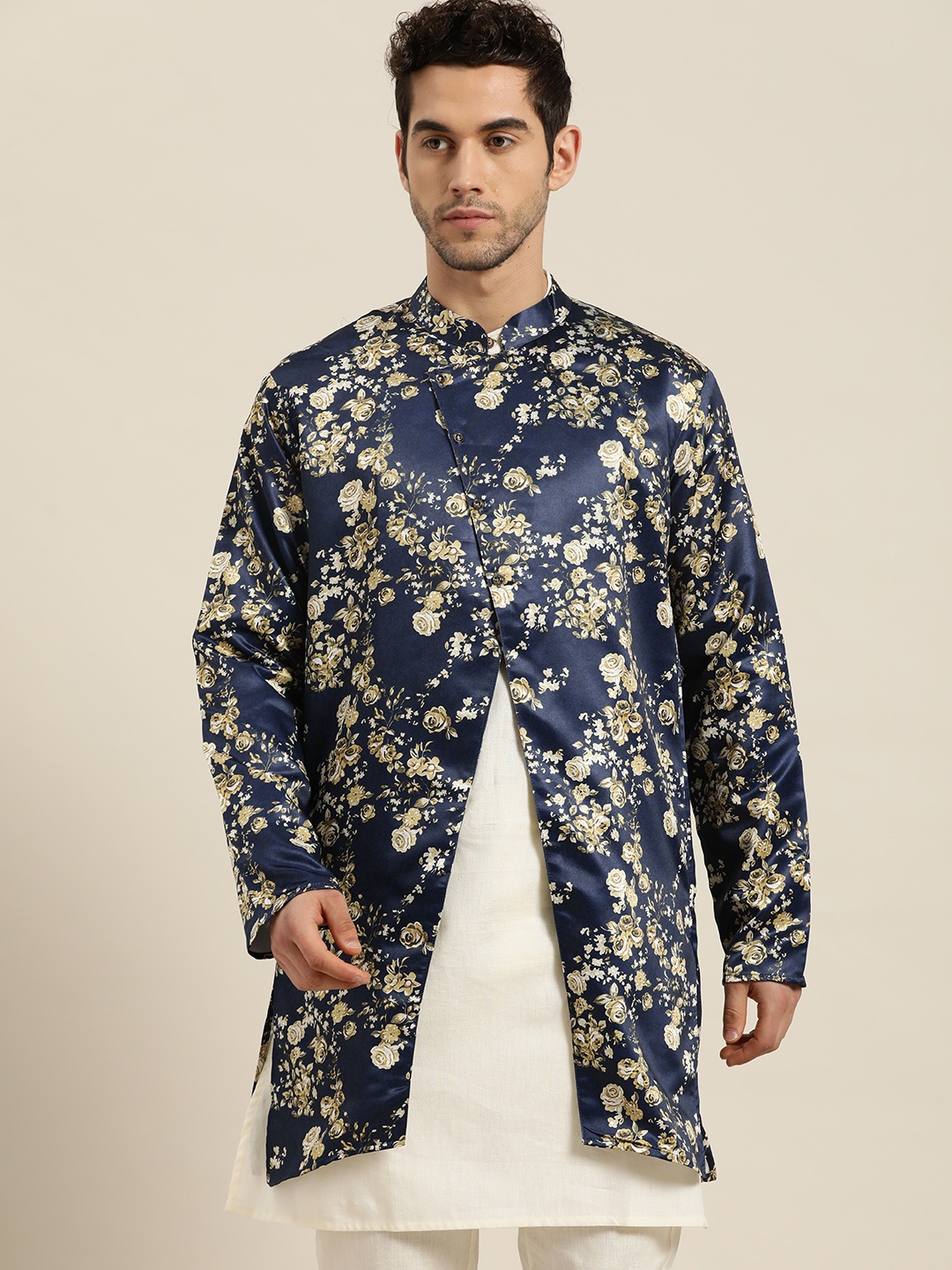 

SOJANYA Men Navy & Green Floral Print Longline Tailored Jacket, Navy blue