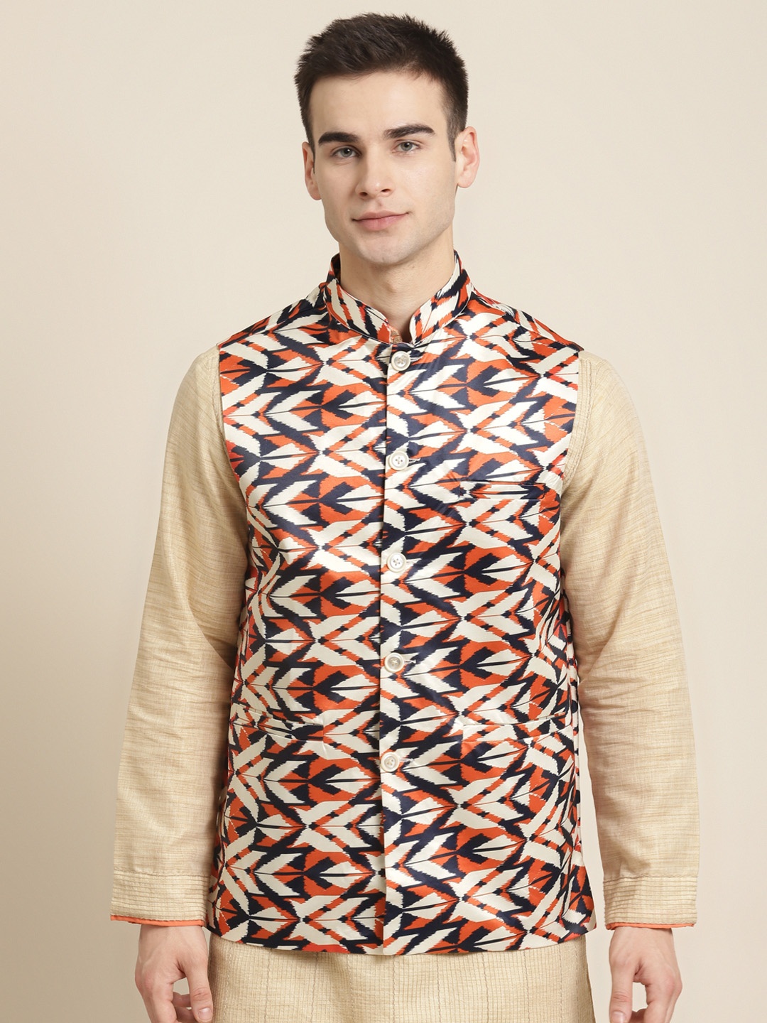 

Sojanya Men Cream Coloured & Orange Printed Silk Nehru Jacket