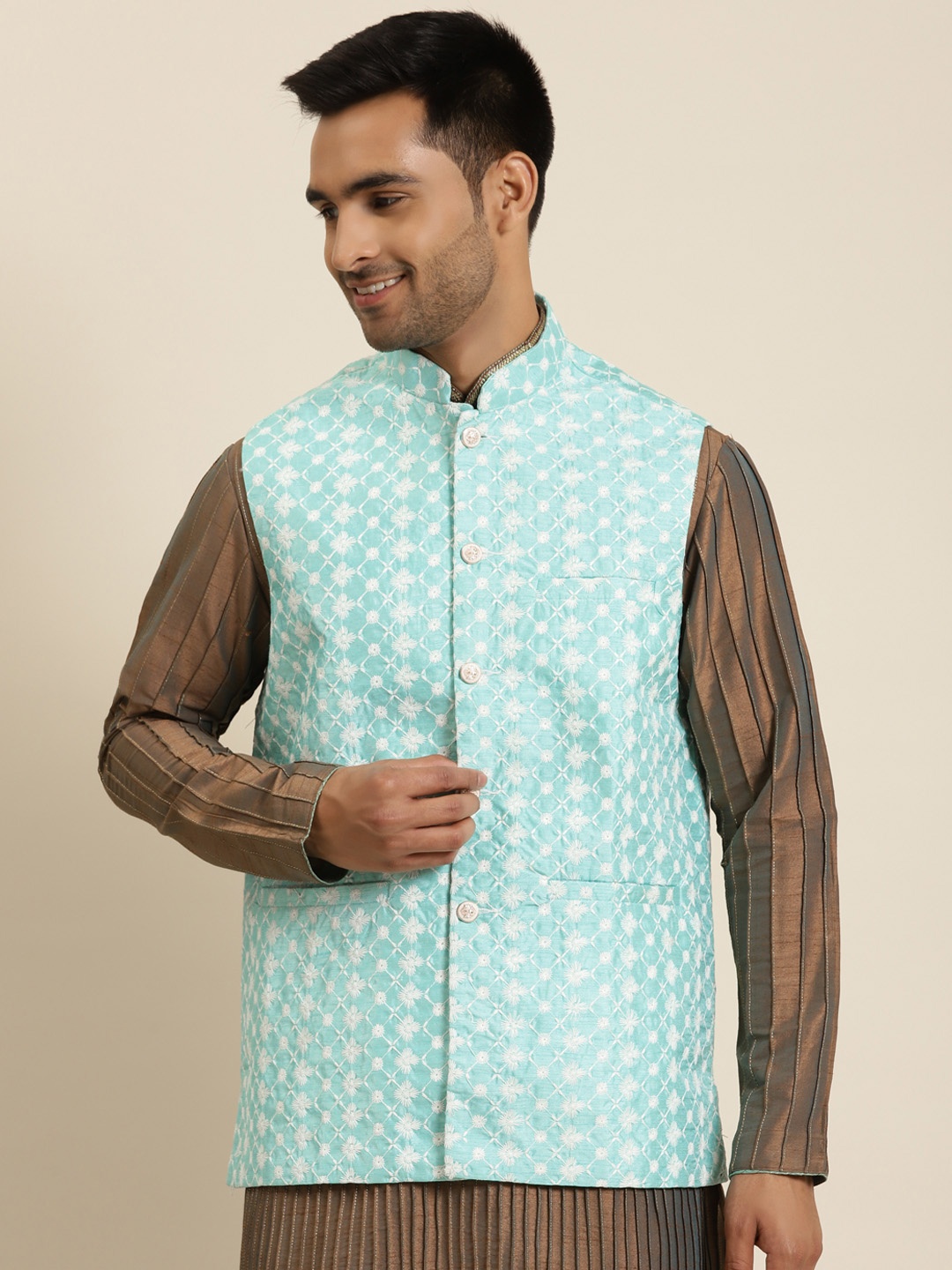 

Sojanya Men Sea Green & White Ethnic Motifs Embroidered Nehru Jacket