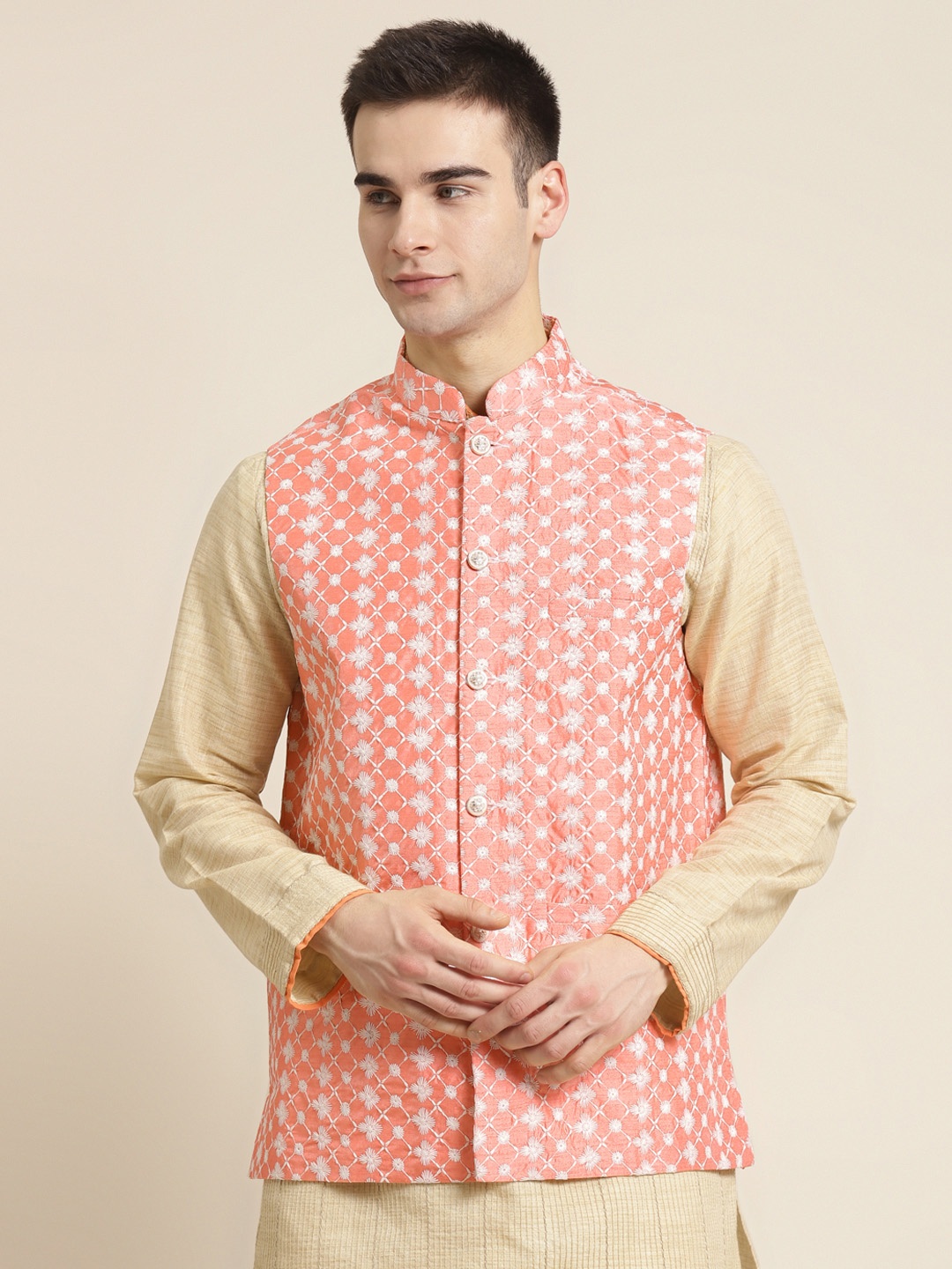 

Sojanya Men Peach & White Embroidered Nehru Jacket