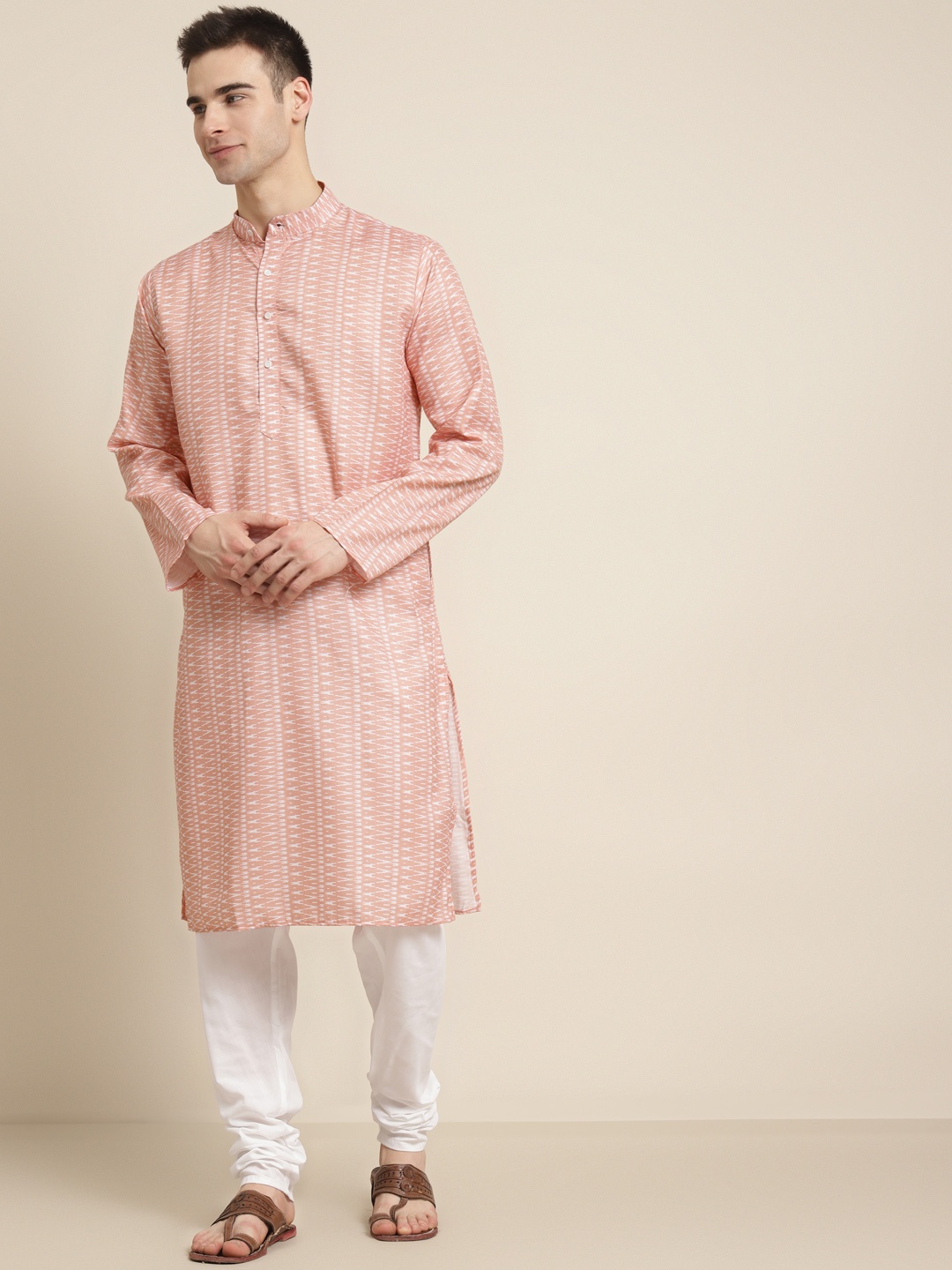 

SOJANYA Men Peach-Coloured & White Striped Kurta with Churidar