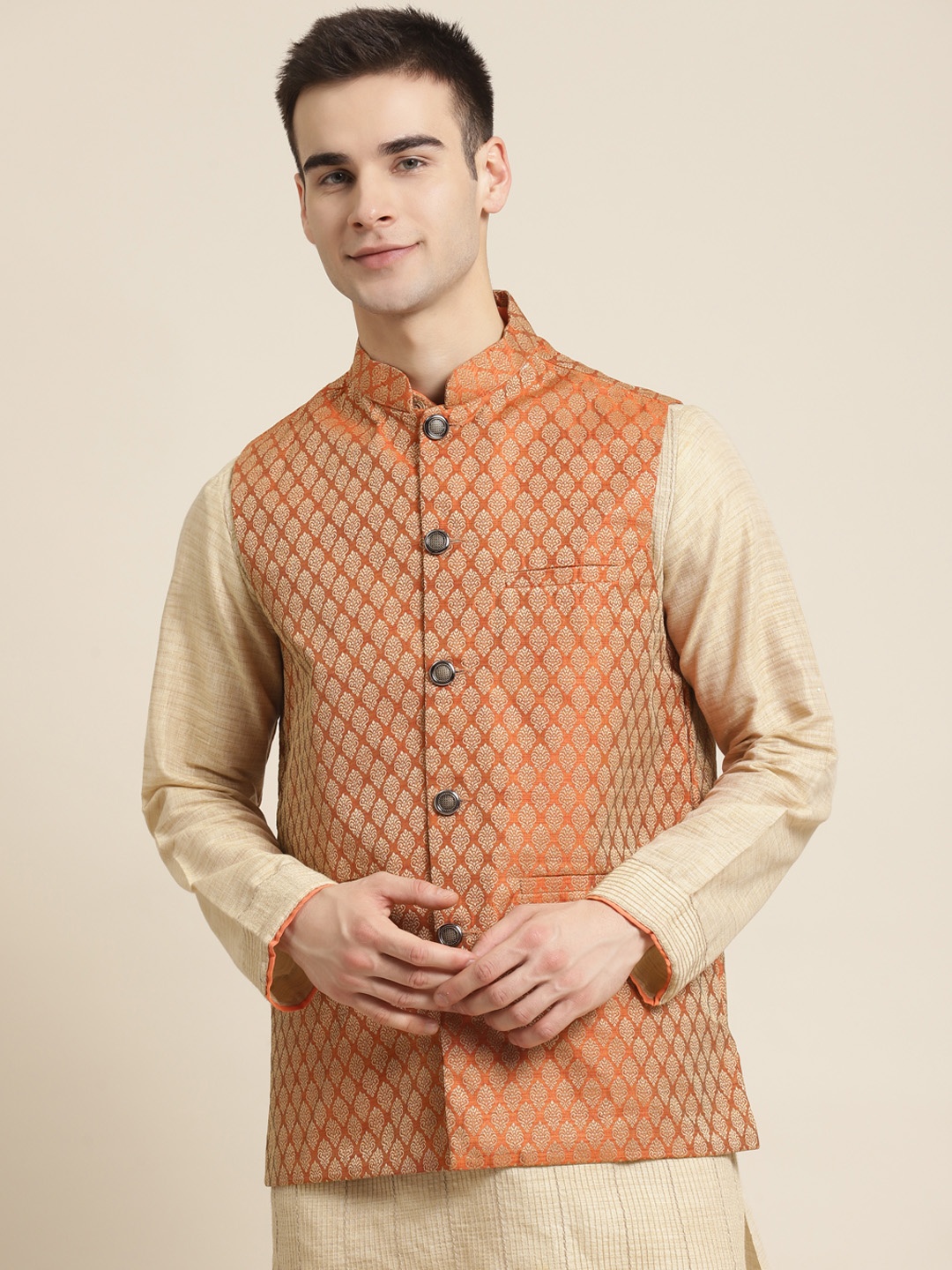 

SOJANYA Men Rust Orange & Golden Woven Design Jacquard Silk Nehru