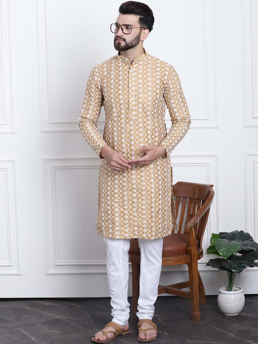 

SOJANYA Men Beige & White Embroidered Kurta with Churidar