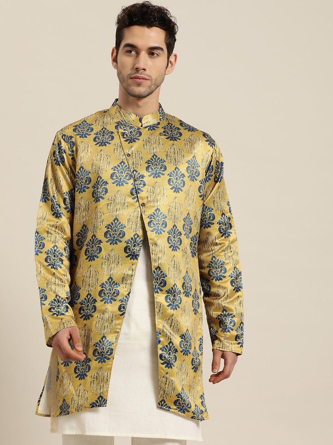 

SOJANYA Men Mustard Yellow & Blue Ethnic Print Longline Tailored Jacket