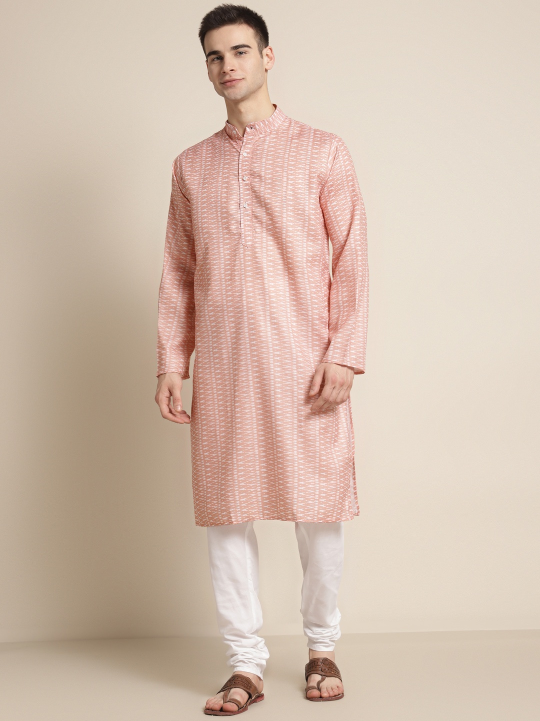 

SOJANYA Men Peach-Coloured & White Pure Cotton Leheriya Printed Kurta